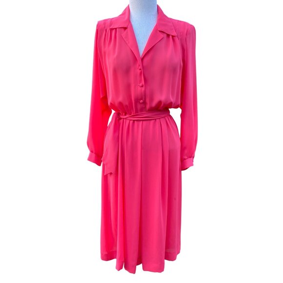 Vintage 80s Willi Petites Pink Button-Up Belted Dress Size 12 Polyester Lined - Picture 1 of 16